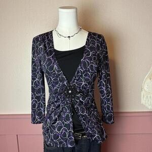 y2k beaded vintage blouse notations sz small black purple split front going out